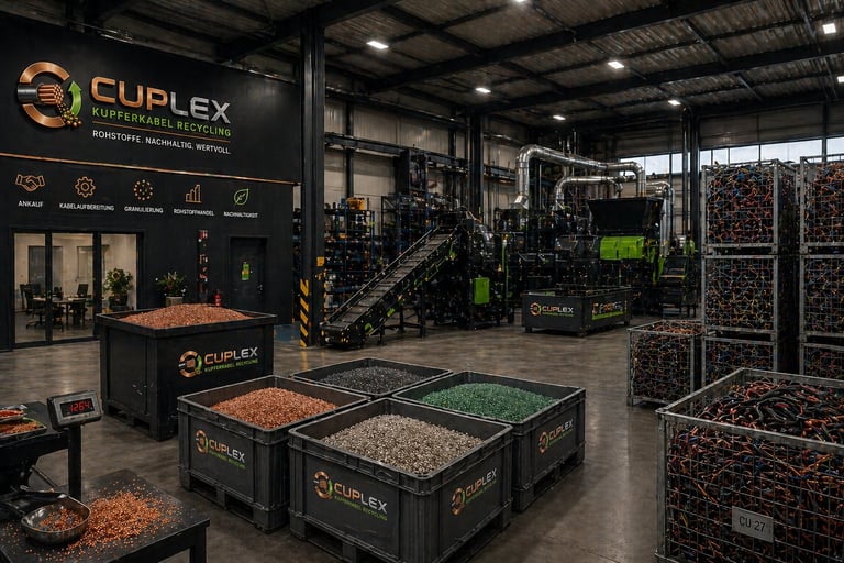 Cupplex Recycling Facility Innenbereich mit sortierten Materialien, Maschinen und gestapelten Behältern in einer Industriewerkstatt