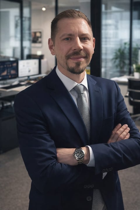 Professioneller Mann im marineblauen Anzug mit Krawatte, Arme verschränkt, lächelnd im modernen Büro