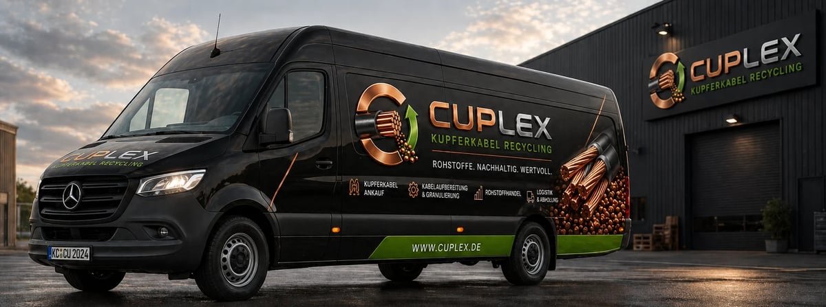 Black Mercedes delivery van with Cupplex branding parked in front of industrial building at dusk
